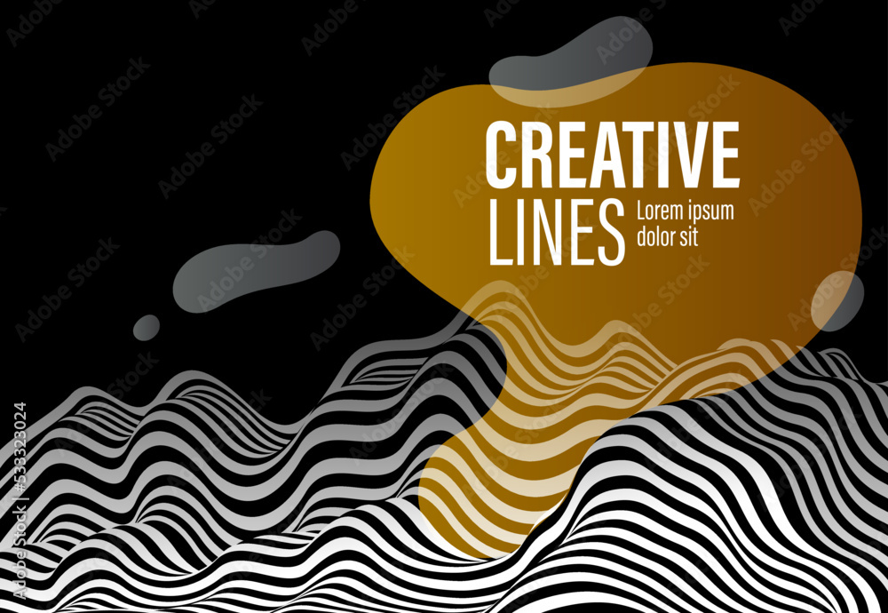 Poster abstract vector 3d lines with yellow fluid splat background, black and white curves linear perspecti