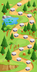 Obraz na płótnie Canvas Game map forest gui background, template in cartoon style, casual isometric view. Decorated with stones, trees, pond. 