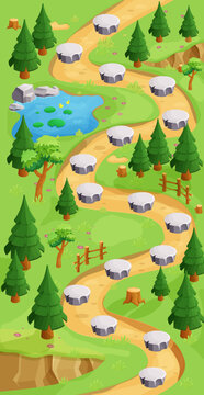 Game map forest gui background, template in cartoon style, casual isometric view. Decorated with stones, trees, pond. 
