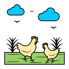 Two Beautiful Hens Pecking Feed in a Farm with clouds Concept, poultry farm chicks vector color icon design, Farm and Gardening symbol, villagers life Sign, countryside and Livestock stock illustratio