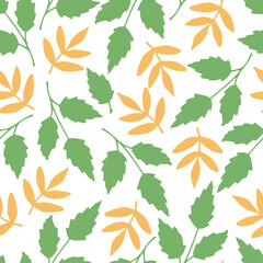 Simple calm floral vector seamless pattern. Dry orange, green leaves, twigs on a white background. For fabric prints, textiles. Autumn-summer collection. Seasonal leaf fall.