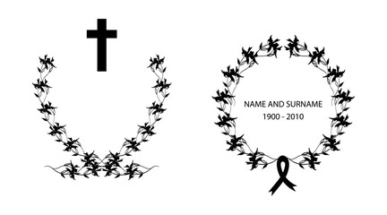 Funeral border and cross. Funeral wreath with mourningl ribbon. Place for the text name, surname and dates.
