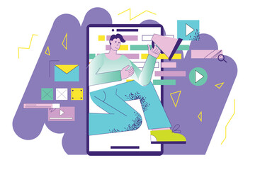 Violet concept Marketing with people scene in the flat cartoon design. Marketer works with a tablet and promotes various products on the Internet. Vector illustration.
