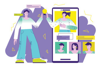 Business videoconference violet concept with people scene in the flat cartoon design. Manager gives instructions to his employee via video link using the phone. Vector illustration.