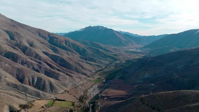 Aerial view of the Limari Valley, rugged mountains, near the foothills, northern Chile.