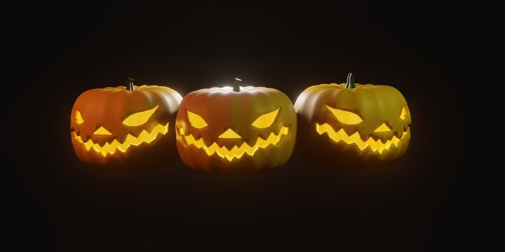 3D render of triple halloween pumpkins