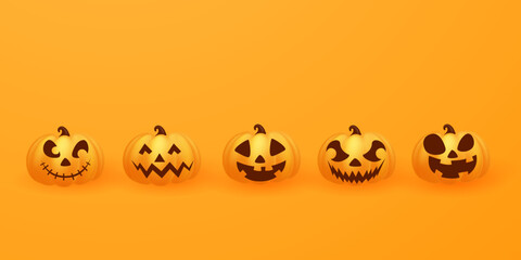 Set pumpkins on a yellow, orange pumpkin background with a smile for your design. for the holidays halloween vector illustration