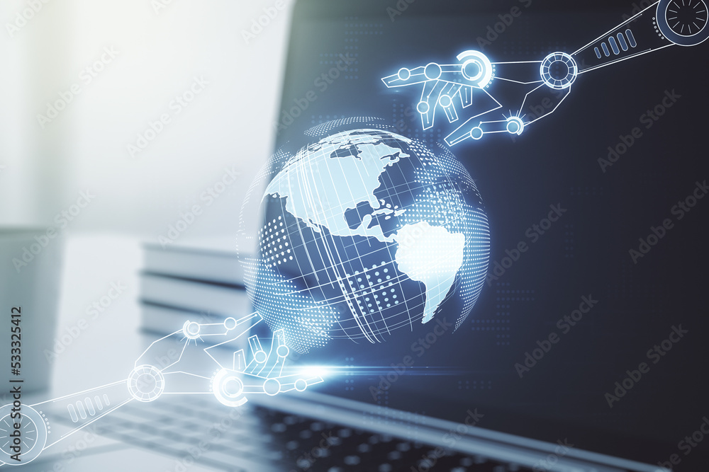 Poster creative abstract robotics technology hologram with globe on modern computer background, artificial 