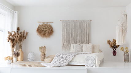 Empty cozy white bedroom made in ethnic style, panorama