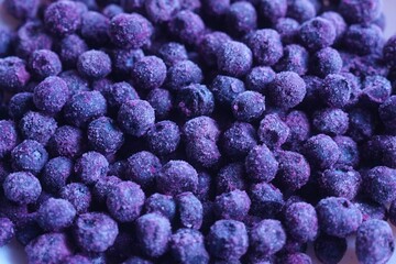 Close up of blueberries in the freezer compartment. frozen blueberry.