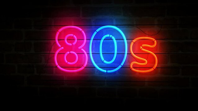 80s neon on brick wall. Retro 1980, eighties nostalgia and vistage party style light color bulbs. Abstract concept 3d animation.