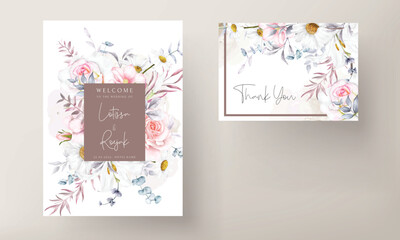 beautiful blooming flower and leaves watercolor wedding invitation card