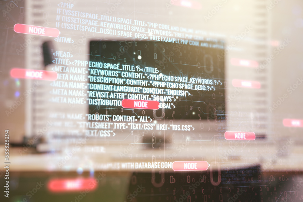 Poster multi exposure of abstract programming language hologram on computer background, artificial intellig