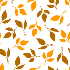 Simple floral vector seamless pattern. Dry orange, brown leaves, branch and twig on a white background. For fabric prints, textiles. Autumn summer collection.