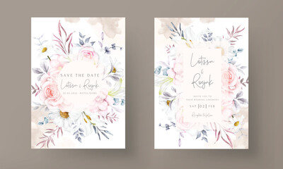 Fototapeta na wymiar beautiful blooming flower and leaves watercolor wedding invitation card
