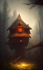 Fototapeta na wymiar Mysterious house in the forest, fairy tale, hermit's house