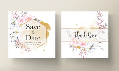 Fototapeta na wymiar beautiful blooming flower and leaves watercolor wedding invitation card