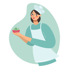 Fototapeta na wymiar Cute girl chef vector isolated illustration. Nice woman serving salad. Healthy lifestyle, the concept of proper nutrition. Cartoon flat style. Avatar, icon.