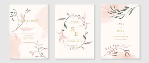 Luxury botanical wedding invitation card template. Watercolor card with leaf branch, eucalyptus, berry, foliage wreath. Elegant autumn season vector design suitable for banner, cover, invitation.