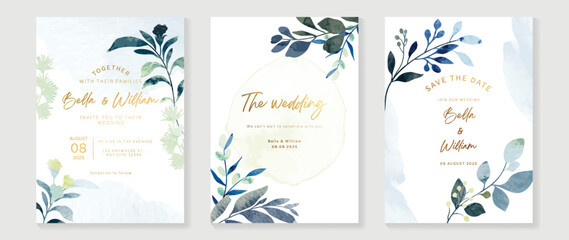 Luxury botanical wedding invitation card template. Blue watercolor card with leaf branch, eucalyptus, berry, foliage, flower. Elegant blossom vector design suitable for banner, cover, invitation. - obrazy, fototapety, plakaty