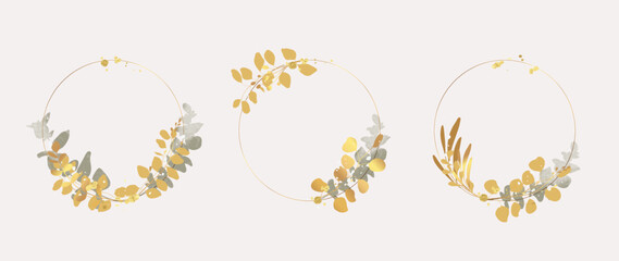 Luxury botanical gold wedding frame elements on white background. Set of circle shapes, glitters, eucalyptus leaves, leaf branches. Elegant foliage design for wedding, card, invitation, greeting.  - obrazy, fototapety, plakaty
