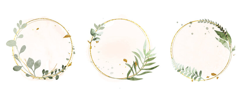 Luxury botanical gold wedding frame elements on white background. Set of circle shapes, glitters, eucalyptus leaves, leaf branches. Elegant foliage design for wedding, card, invitation, greeting. 