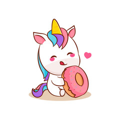 Cute magical pegasus unicorn cartoon eats doughnut vector. Pony cartoon kawaii animal. Isolated on a white background. 
