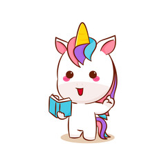 Cute magical pegasus unicorn cartoon reading book vector. Pony cartoon kawaii animal. Isolated on a white background. 