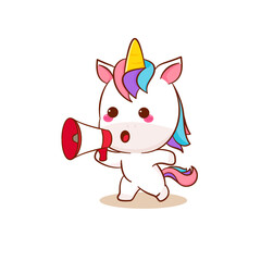Cute magical pegasus unicorn cartoon holding megaphone vector. Pony cartoon kawaii animal. Isolated on a white background. 
