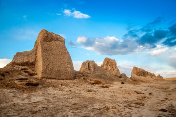 Ruins of the ancient city of Sauran. Historical place of Kazakhstan. Excavations of ancient cities,...