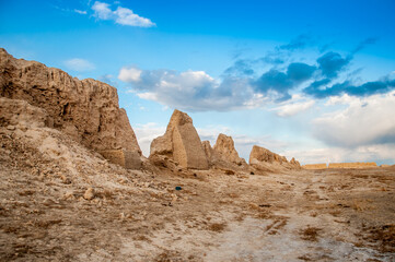 Ruins of the ancient city of Sauran. Historical place of Kazakhstan. Excavations of ancient cities,...