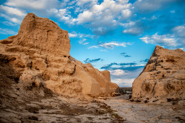 Ruins of the ancient city of Sauran. Historical place of Kazakhstan. Excavations of ancient cities,...