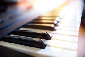 Piano keyboard background on stage playing live music at gig
