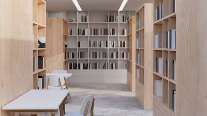 Comfortable minimal campus library or school library interior design with wood bookshelves