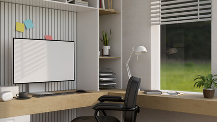 Modern comfortable office workplace interior design with PC desktop computer mockup