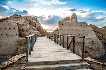 Fototapeta premium Ruins of the ancient city of Sauran. Historical place of Kazakhstan. Excavations of ancient cities, medieval buildings.