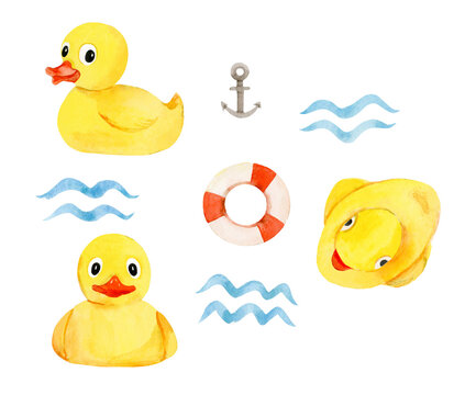 A set of watercolor rubber yellow ducks for the bath. Illustration of rubber ducks, lifebuoy and anchor	
