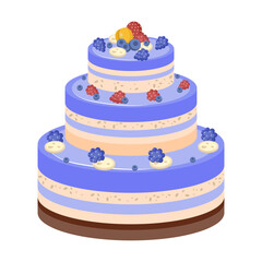 Birthday cake with icing, blueberries, blackberries and strawberries. Vector