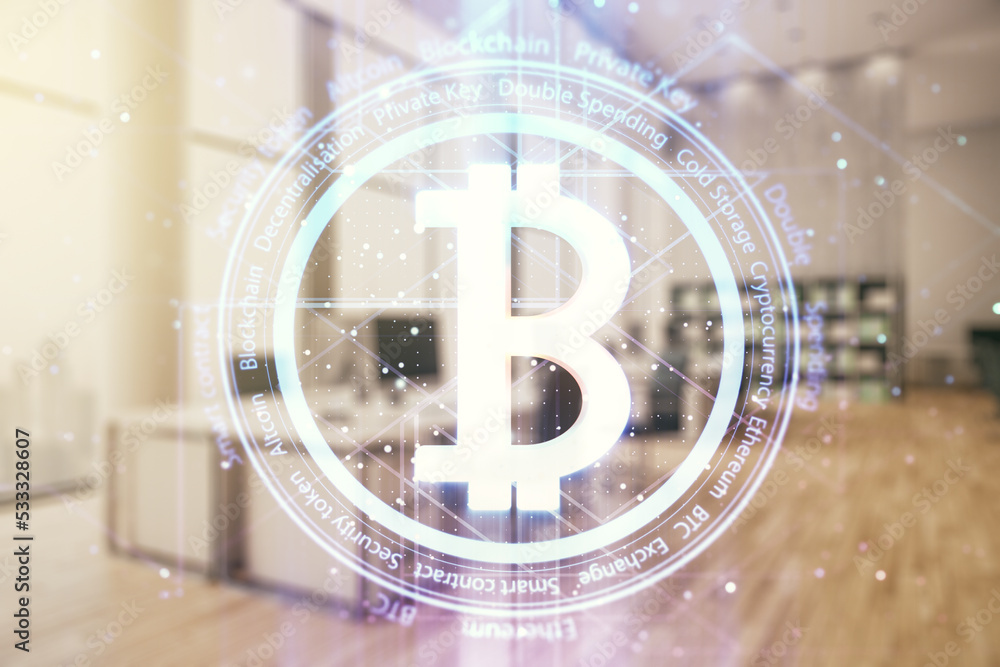 Poster Virtual Bitcoin sketch on a modern furnished classroom background. Double exposure