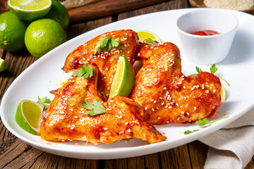 chicken wings with potato wedges and sezam.