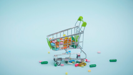 colorful pills inside of small shopping cart on blue background.
