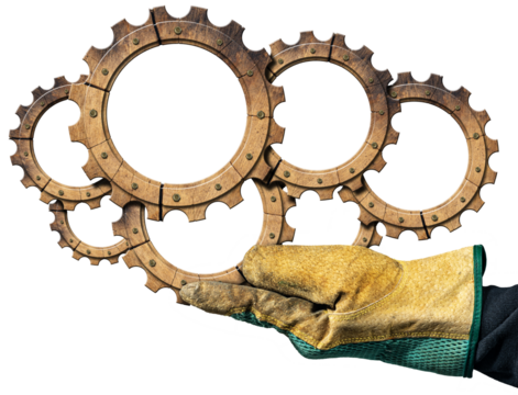Gloved hand holding a group of seven wooden cogwheels (gears) with copy space, isolated on transparent background. Lumber industry concept. 3d illustration and photography, png.