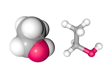 Molecular models of ethanol or ethyl alcohol. Atoms are represented as spheres with conventional color coding: carbon (gray), oxygen (red), hydrogen (white). 3d illustration