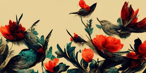 Birds and flower Painting wallpaper poppies in the wind scenery 