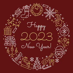 Fototapeta na wymiar New Year icons. Happy New Year 2023 Frame. Elegant minimal design in the style of a thin line art. Christmas party elements. Outline pictograms for web site design and mobile apps.
