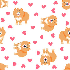 Seamless vector pattern with cute dogs (pomeranians) and hearts