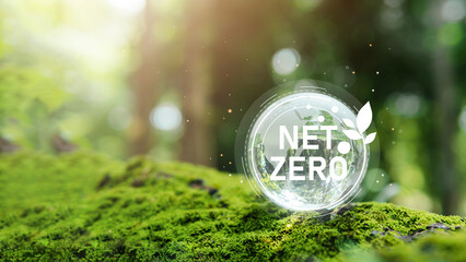 Carbon neutral and net zero concept natural environment A climate-neutral long-term strategy greenhouse gas emissions targets Globe globe with green net center icon. - obrazy, fototapety, plakaty