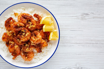 Homemade Hawaiian Garlic Shrimp Scampi on a Plate, top view. Flat lay, overhead, from above. Copy space.