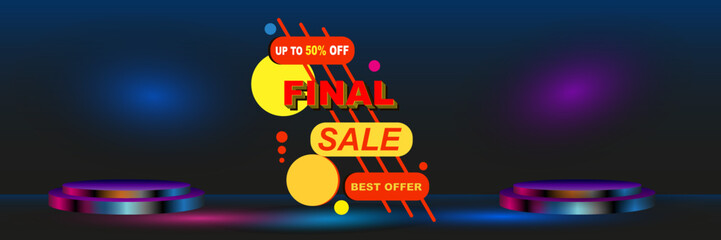 Super sale banner template design for promotions on a dark background, neon lights. 3d image.