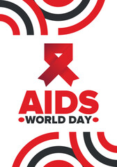 World Aids Day. Red ribbon symbol. Awareness and prevention hiv. Medical healthcare concept. Human support and protection. Celebrated annual in December 1. Poster, banner and background. Vector